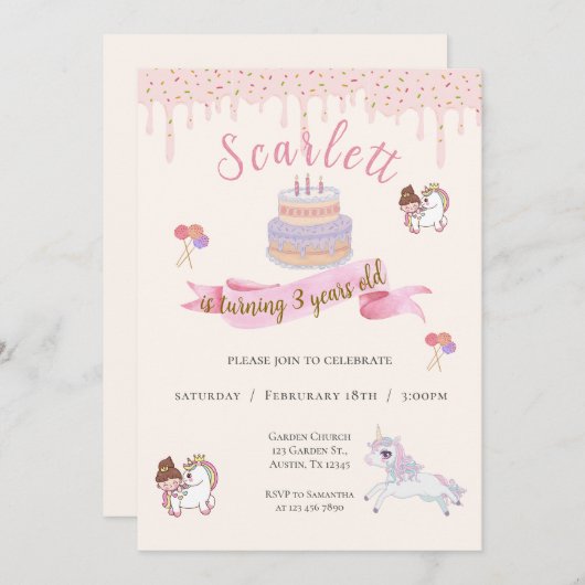 Pony's uitnodiging voor de derde verjaardag (Voorkant / Achterkant)
