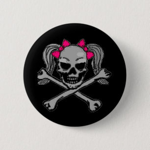Ponytail skull w/ roze bogen ronde button 5,7 cm