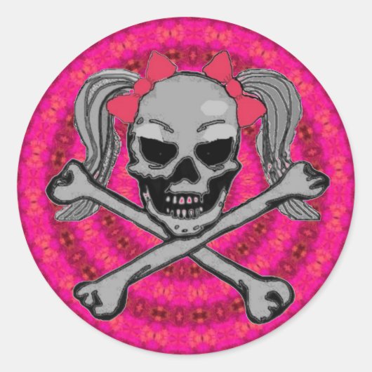 Ponytail skull w/ roze bogen ronde sticker (Voorkant)