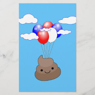 Poo emoji vliegt met ballonnen in blauwe lucht briefpapier