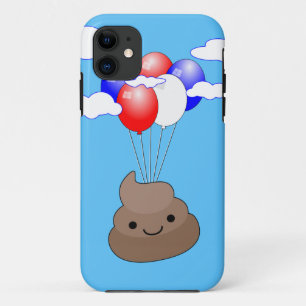 Poo emoji vliegt met ballonnen in blauwe lucht iPhone 11 hoesje