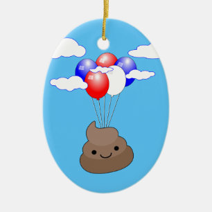 Poo emoji vliegt met ballonnen in blauwe lucht keramisch ornament