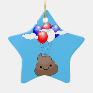 Poo emoji vliegt met ballonnen in blauwe lucht keramisch ornament