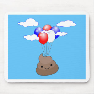 Poo emoji vliegt met ballonnen in blauwe lucht muismat