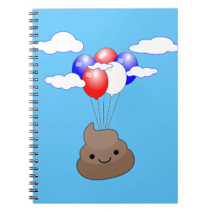 Poo emoji vliegt met ballonnen in blauwe lucht notitieboek