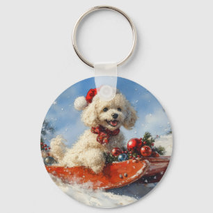 Poodelhond in slee laat het sneeuwen Kerstmis Sleutelhanger