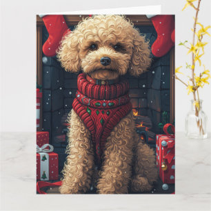 Poodelhond met kerstcadeaus bij de open haard kaart