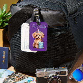 Poodle Birthday Hat Cake Purple Luggage Tag Bagagelabel