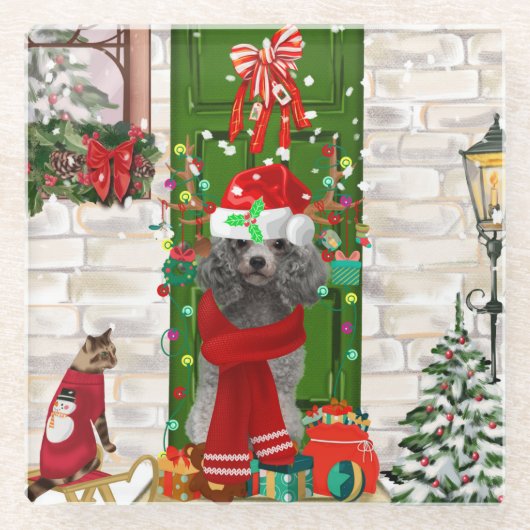 Poodle Christmas Glazen Onderzetter (Voorkant)