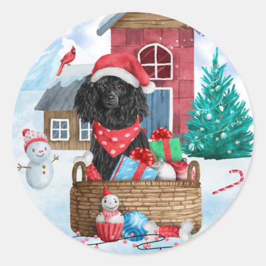 Poodle Dog in sneeuwkerstmis Ronde Sticker (Voorkant)