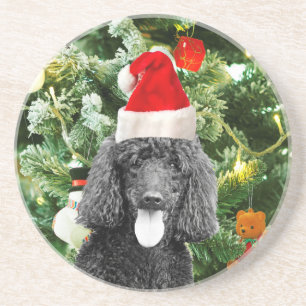 Poodle Dog kerstboom Snowman Red Santa Hat Zandsteen Onderzetter