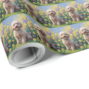 Poodle Dog Spring Bloemen Schilderij Cadeaupapier