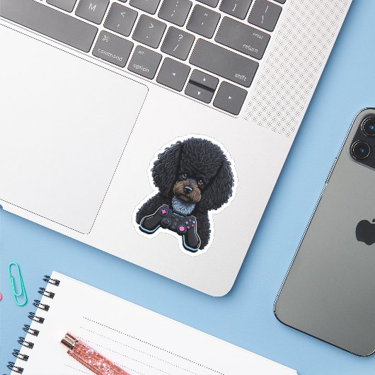 Poodle Gamer With Joystick Sticker (Laptop met iPhone)