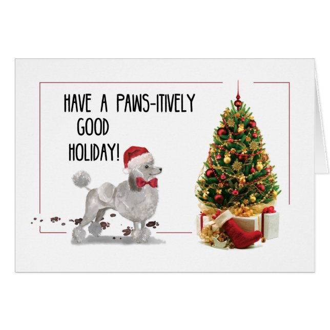 Poodle gris drôle Chien de Noël avec arbre (Devant horizontal)