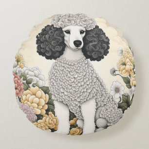 Poodle in Fantasiebloemen  Rond Kussen