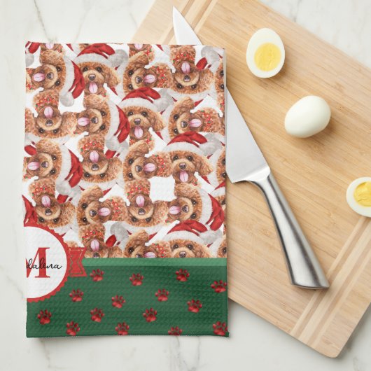 Poodle Pattern Monogram Kerstmis Dog Theedoek (Quarter Fold)