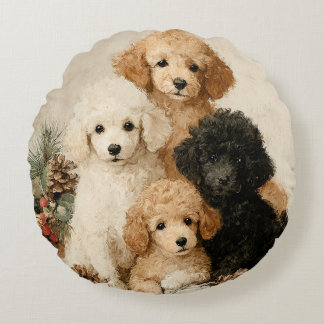 Poodle Puppies Vintage Christmas Rond Kussen