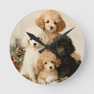 Poodle Puppies Vintage Christmas Ronde Klok