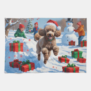 Poodle Rent in de Sneeuw met Kerstmuts Theedoek