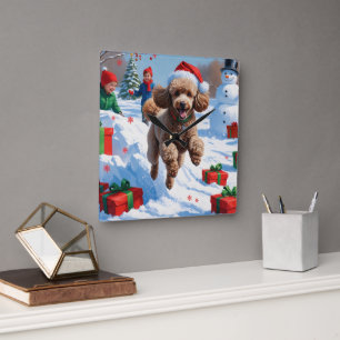 Poodle Rent in de Sneeuw met Kerstmuts Vierkante Klok