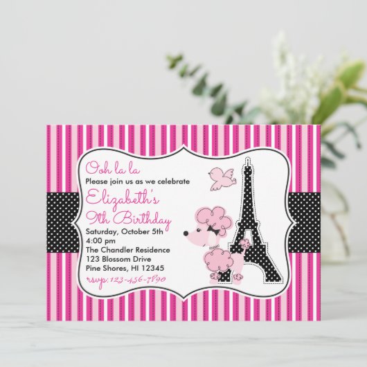 Poodle rose à Paris Invitations d'anniversaire (Debout devant)