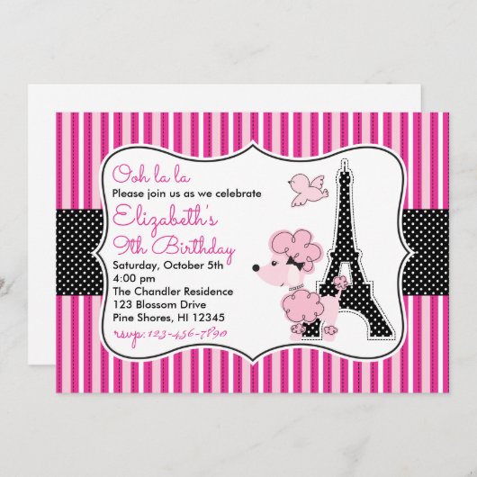 Poodle rose à Paris Invitations d'anniversaire (Devant / Derrière)