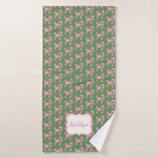Poodle rose customisé sur vert (Serviette de bain)