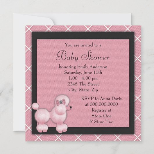 Poodle rose Noir Invitations de douche pour bébé (Dos)