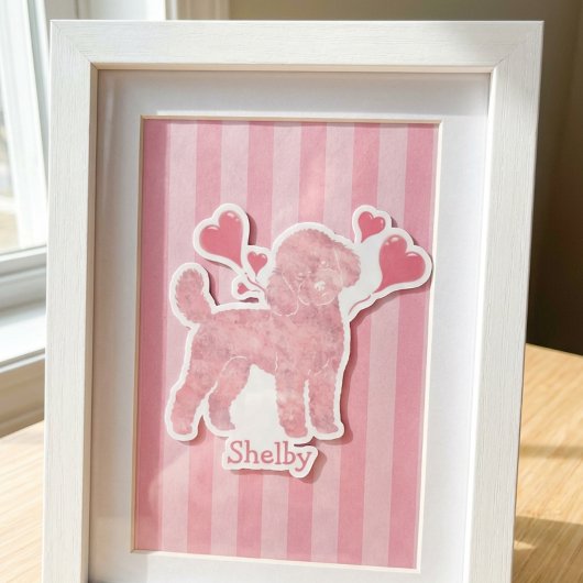 Poodle Valentine Sticker, Pastel Pink, Custom Name Sticker