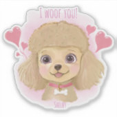 Poodle Valentine Sticker with Name & I Woof You! (Voorkant)