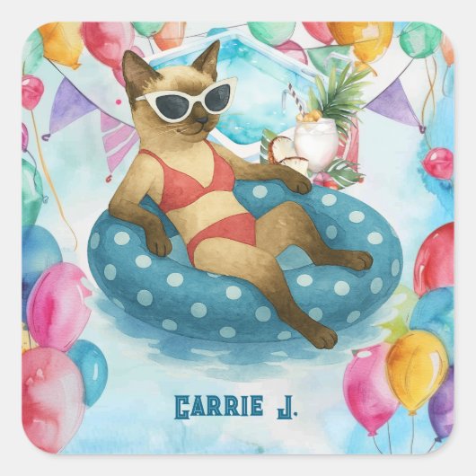 Pool Birthday Party for Cat Lovers   Vierkante Sticker (Voorkant)
