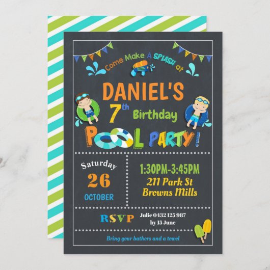 Pool Birthday Party Invitations Boys Kaart (Voorkant / Achterkant)