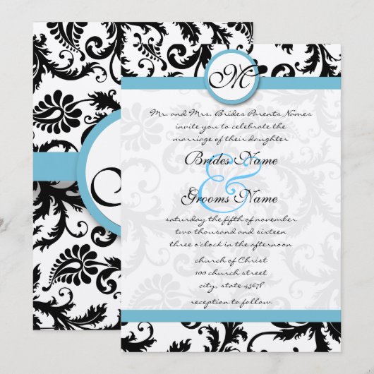 Pool Blue Damask Swirls Wedding Invitation 5 x 7 Kaart (Voorkant / Achterkant)