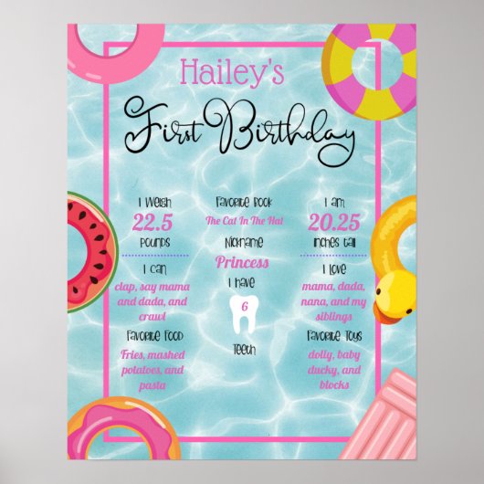 Pool Floatie Party 1st Birthday Milestone Poster (Voorkant)