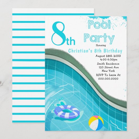 Pool Party 8e anniversaire Invitations (Devant / Derrière)