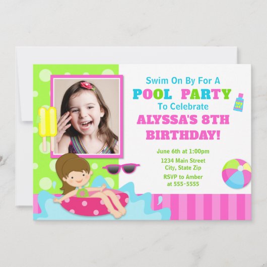 Pool Party Anniversaire Invitation Brunette Girl (Devant)