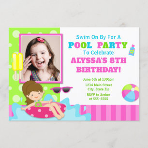 Pool Party Anniversaire Invitation Brunette Girl