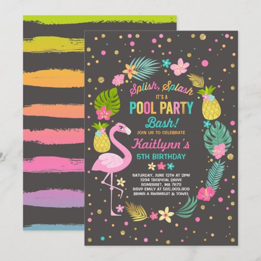 Pool Party Anniversaire Invitation Flamant rose tr (Devant / Derrière)