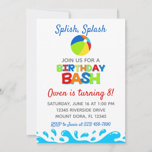 Pool Party Birthday Bash Invitation Kaart (Voorkant)