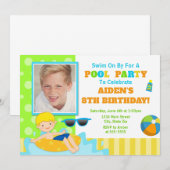 Pool Party Birthday Invitation Blonde Boy Kaart (Voorkant / Achterkant)