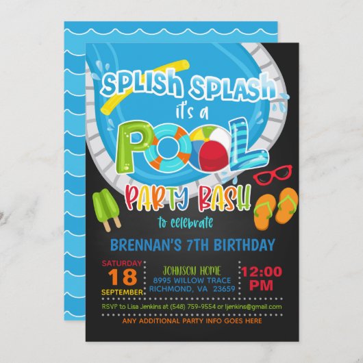 Pool Party Birthday Invitation - Boy BL Kaart (Voorkant / Achterkant)