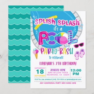 Pool Party Birthday Invitation - Girl WH Kaart