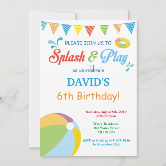 Pool Party Birthday Invitation Splish Splash Boy Kaart (Voorkant)