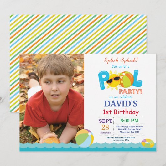 Pool Party Birthday Invitation Splish Splash Boy Kaart (Voorkant / Achterkant)