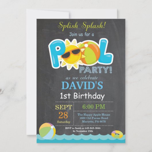 Pool Party Birthday Invitation Splish Splash Boy Kaart (Voorkant)