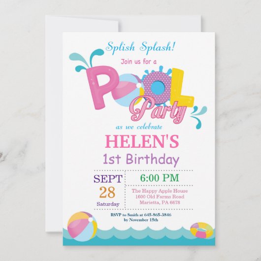 Pool Party Birthday Invitation Splish Splash Girl Kaart (Voorkant)