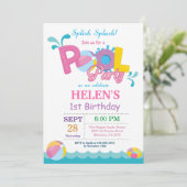Pool Party Birthday Invitation Splish Splash Girl Kaart (Staand voorkant)