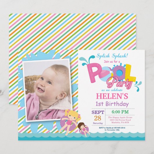 Pool Party Birthday Invitation Splish Splash Girl Kaart (Voorkant / Achterkant)