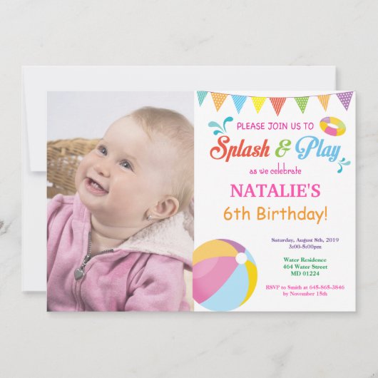 Pool Party Birthday Invitation Splish Splash Girl Kaart (Voorkant)