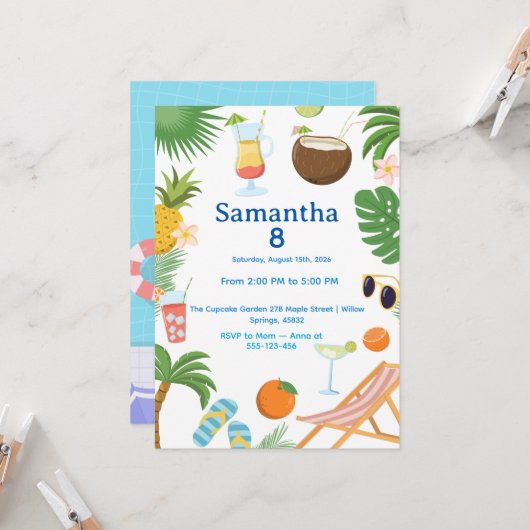 Pool Party Birthday Invitation - Summer Theme (Devant/Arrière en situation)